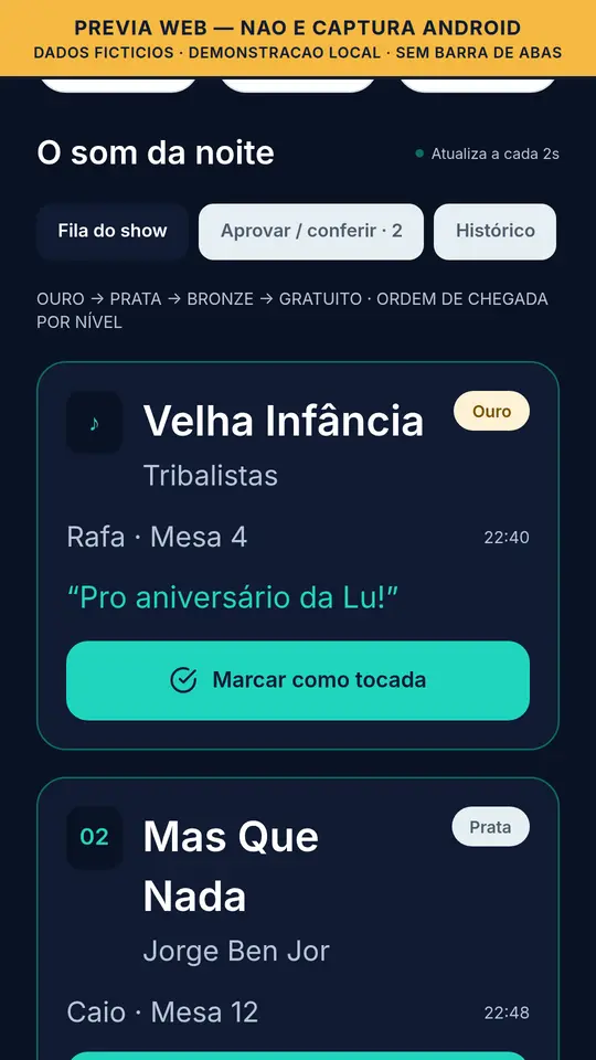 Prévia web do modo palco, com fundo escuro e letras grandes