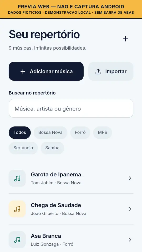 Prévia web da lista de repertório com busca e filtro por gênero