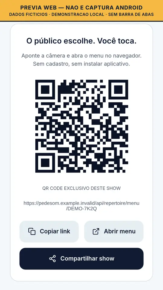 Prévia web do QR Code exclusivo de um show, dados fictícios
